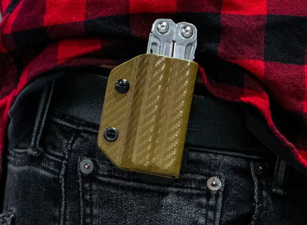 Kydex Sheath: Leatherman Wingman / Sidekick / Rebar / Rev - Brown Carbon Fibre^Clip & Carry Hot